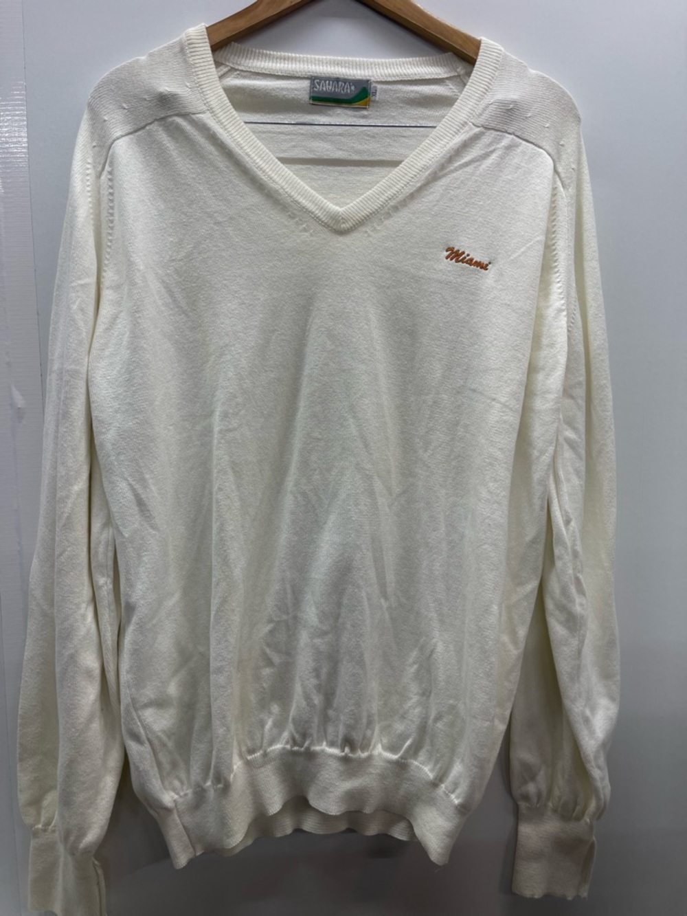 Sahara Men's Cream V-Neck Sweater Orange 'Miami Hurricanes Embroidery‎ Vintage
